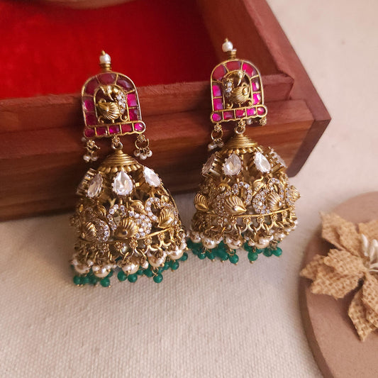 Peacock victorian plated moissanite and jadau jumkha