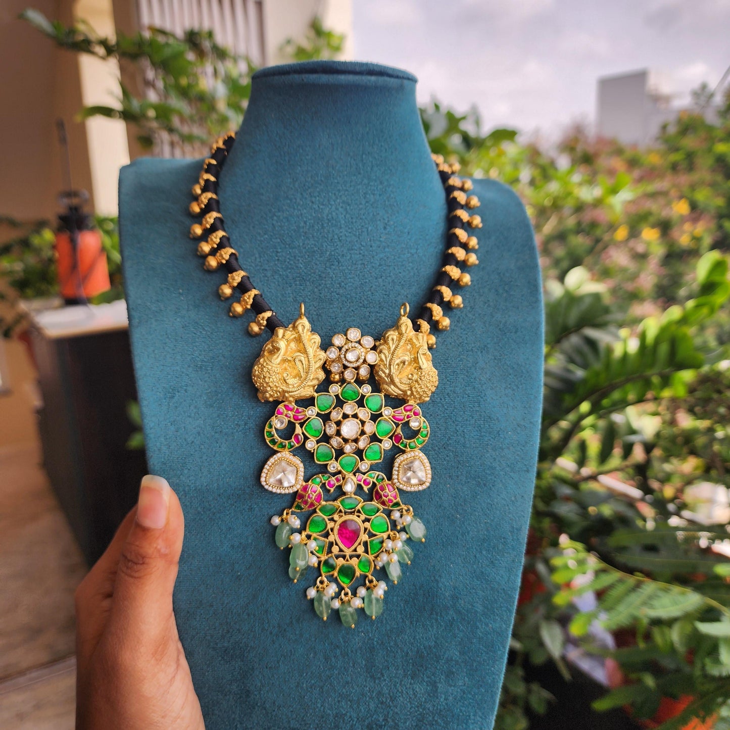 Designer jadau and polki pendant with black thread