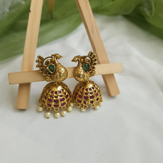 Peacock embossed nakshi jumka