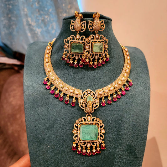 Prema- 3d peacock with doublet and moissanite hasli with ruby drops