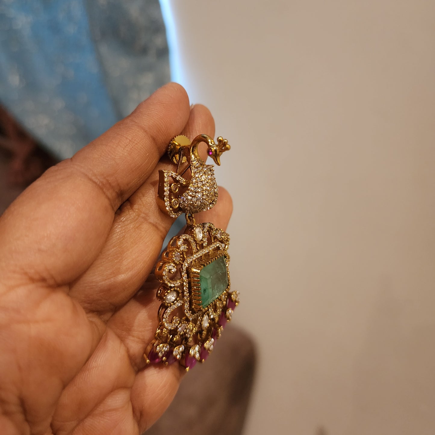 Prema- 3d peacock with doublet and moissanite hasli with ruby drops