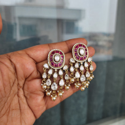Oval jadau stud with moissanite layer hangings