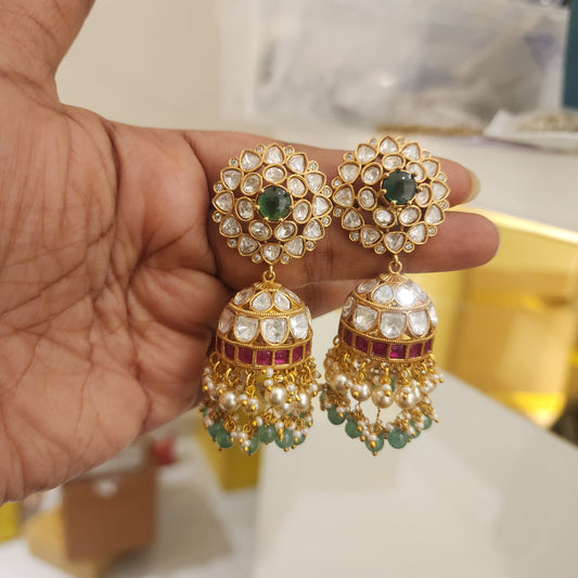 Moissanite and jadau stones with flower stud jumkha