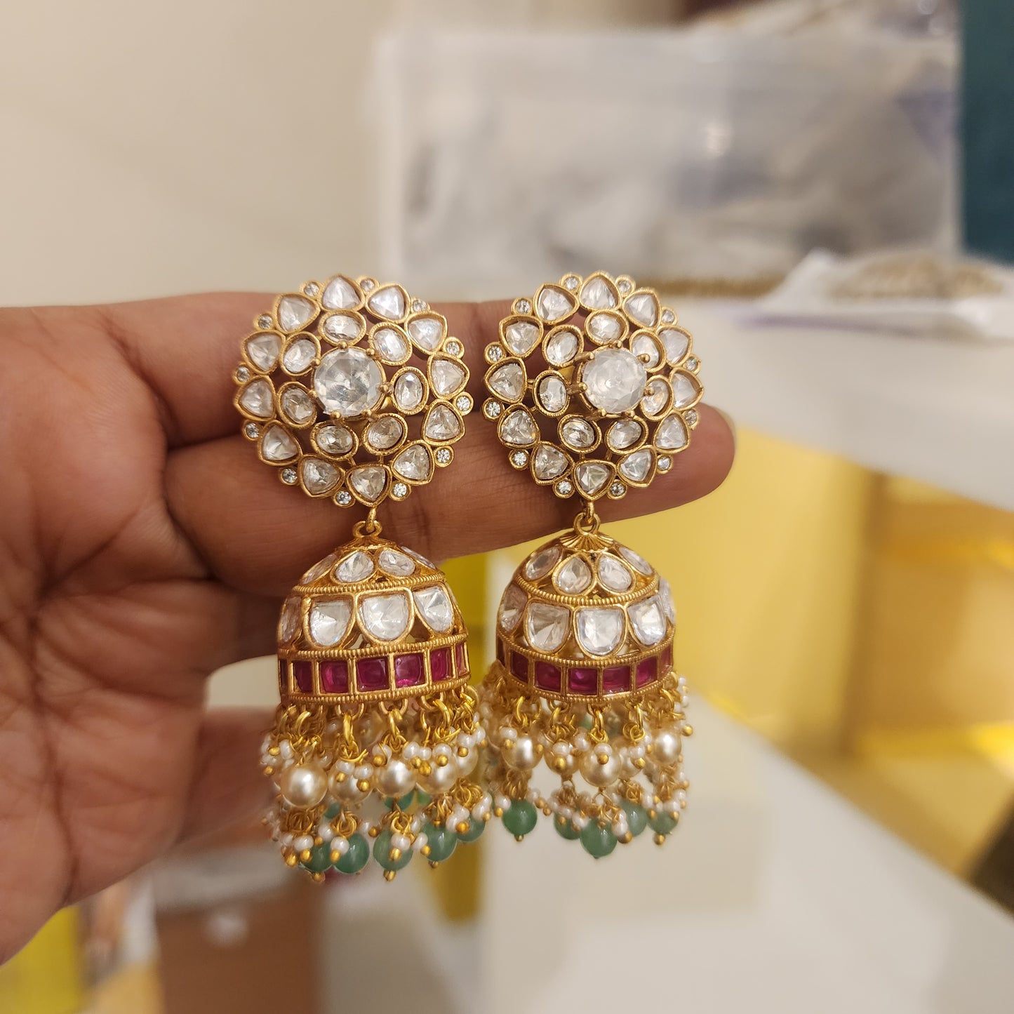 Moissanite and jadau stones with flower stud jumkha