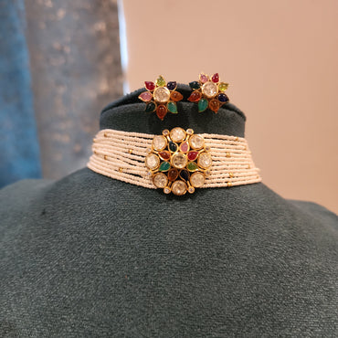 Navaranga-Multi color stone with polki and pearl choker