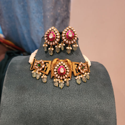 Kirah- jadau kundan motifs pearl choker with earrings
