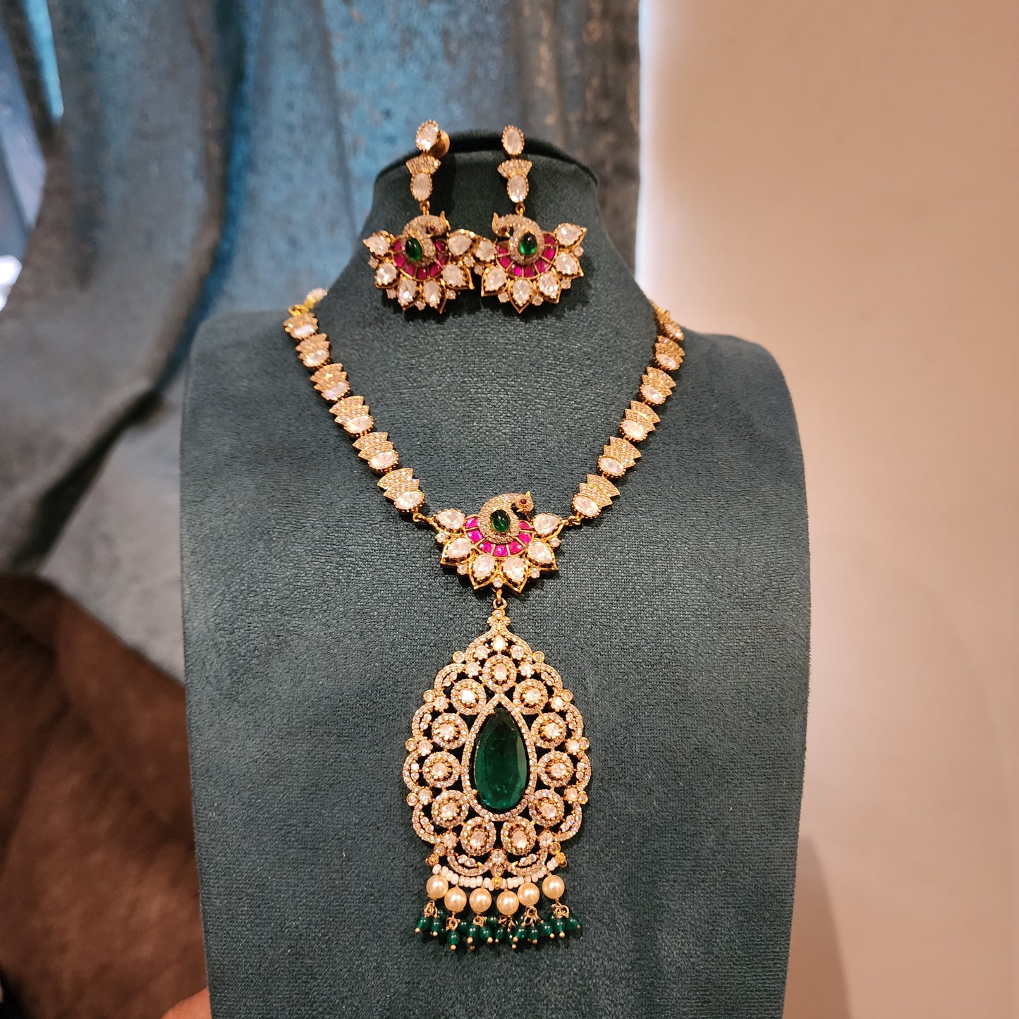 Tripthi- moissanite and doublet jadau neckset