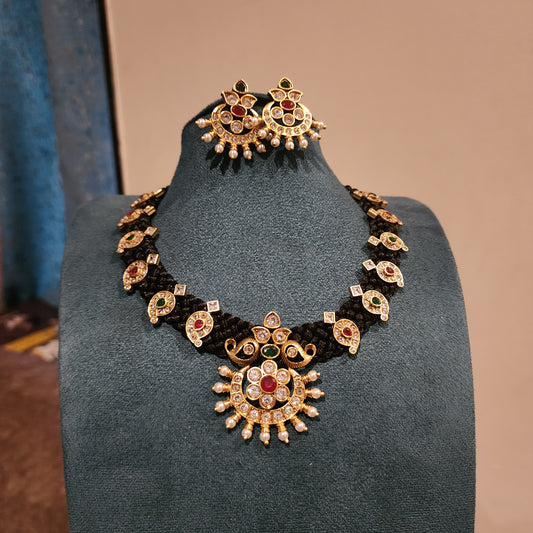 Shradha- blackthread neckset with kempstone motifs