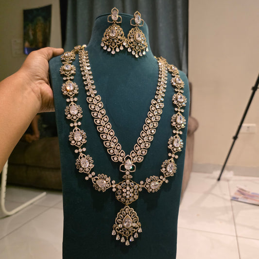 Rathi- victorian plated diamond lookalike long layered neckset