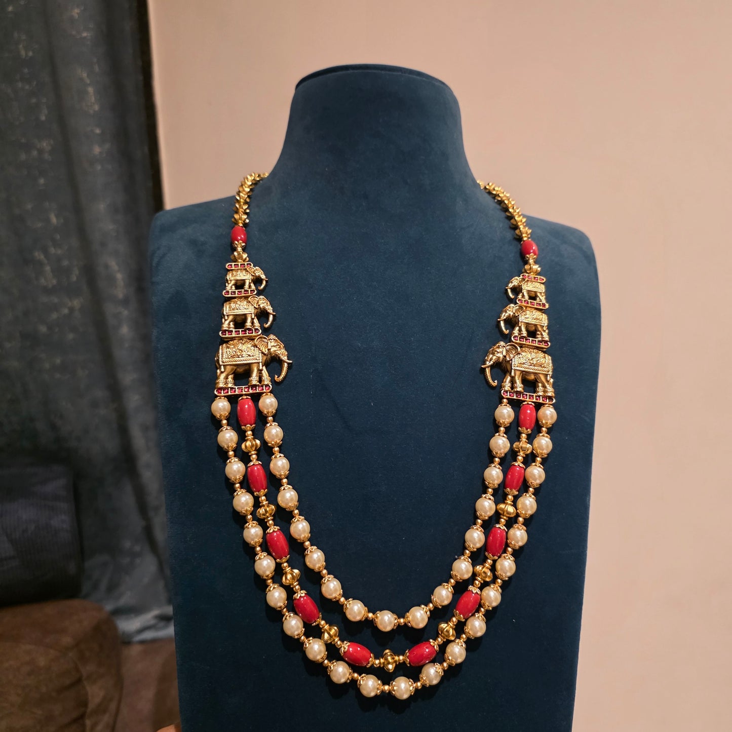 Ambuja- coral and pearl 3l3phant motifs mala