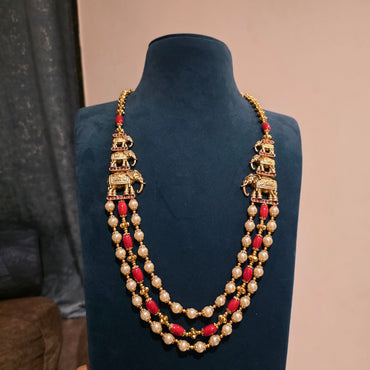 Ambuja- coral and pearl elephant motifs mala