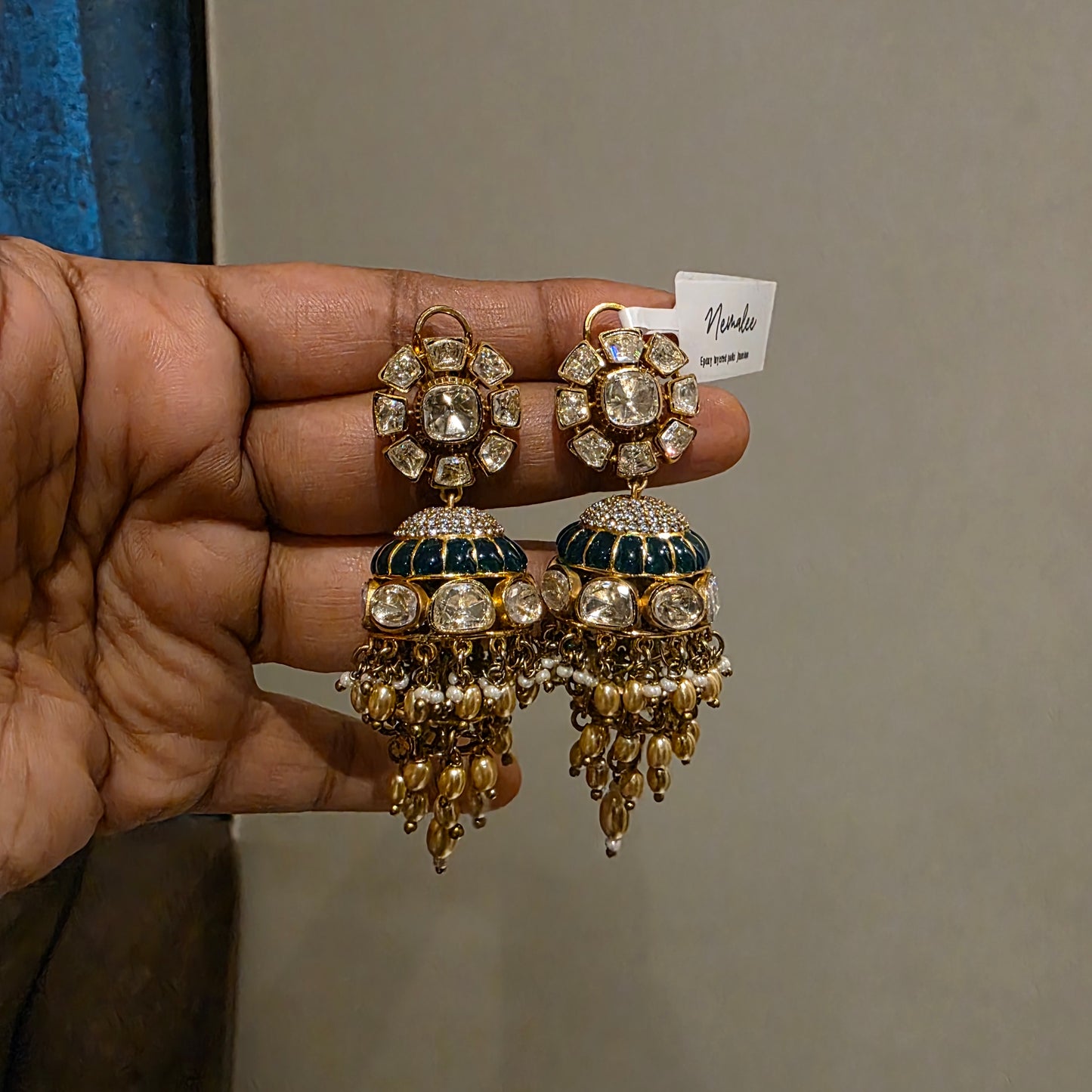 Kadhal- emerald shade polki layered jumkha