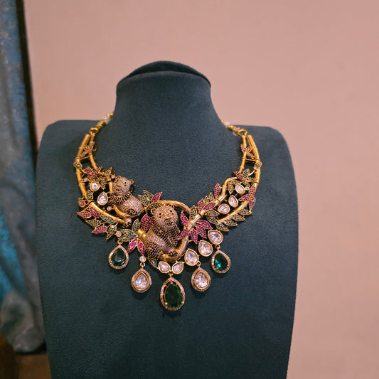 Bhaluka- victorian plated multi colored stone hasli set