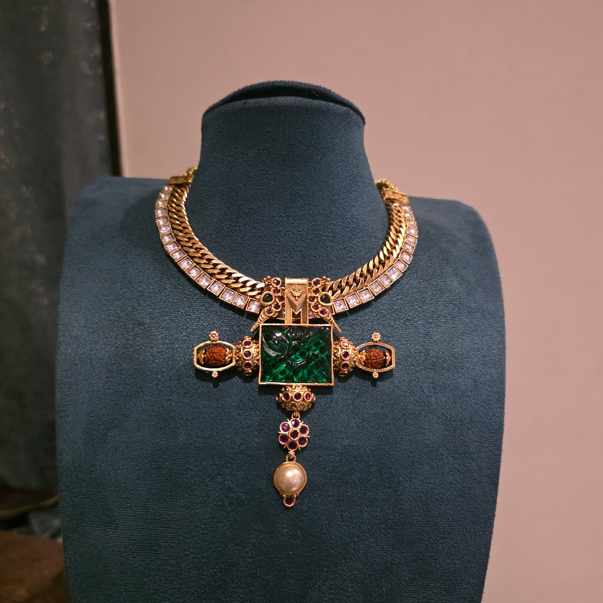 Swacha- carved stone and rudraksh embellished pendant