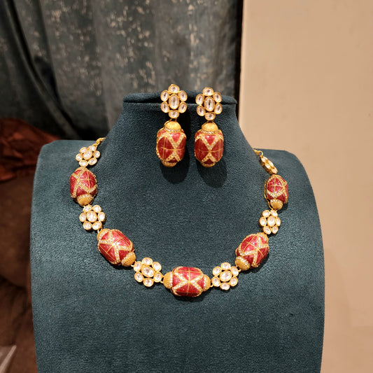 Red epoxy bead like motifs with moissanite polki neckset