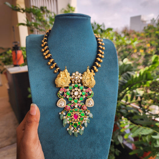 Designer jadau and polki pendant with black thread