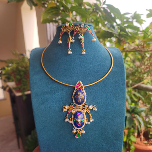 Sukah- handmade hasli with jadau kundan motifs and lapis stones