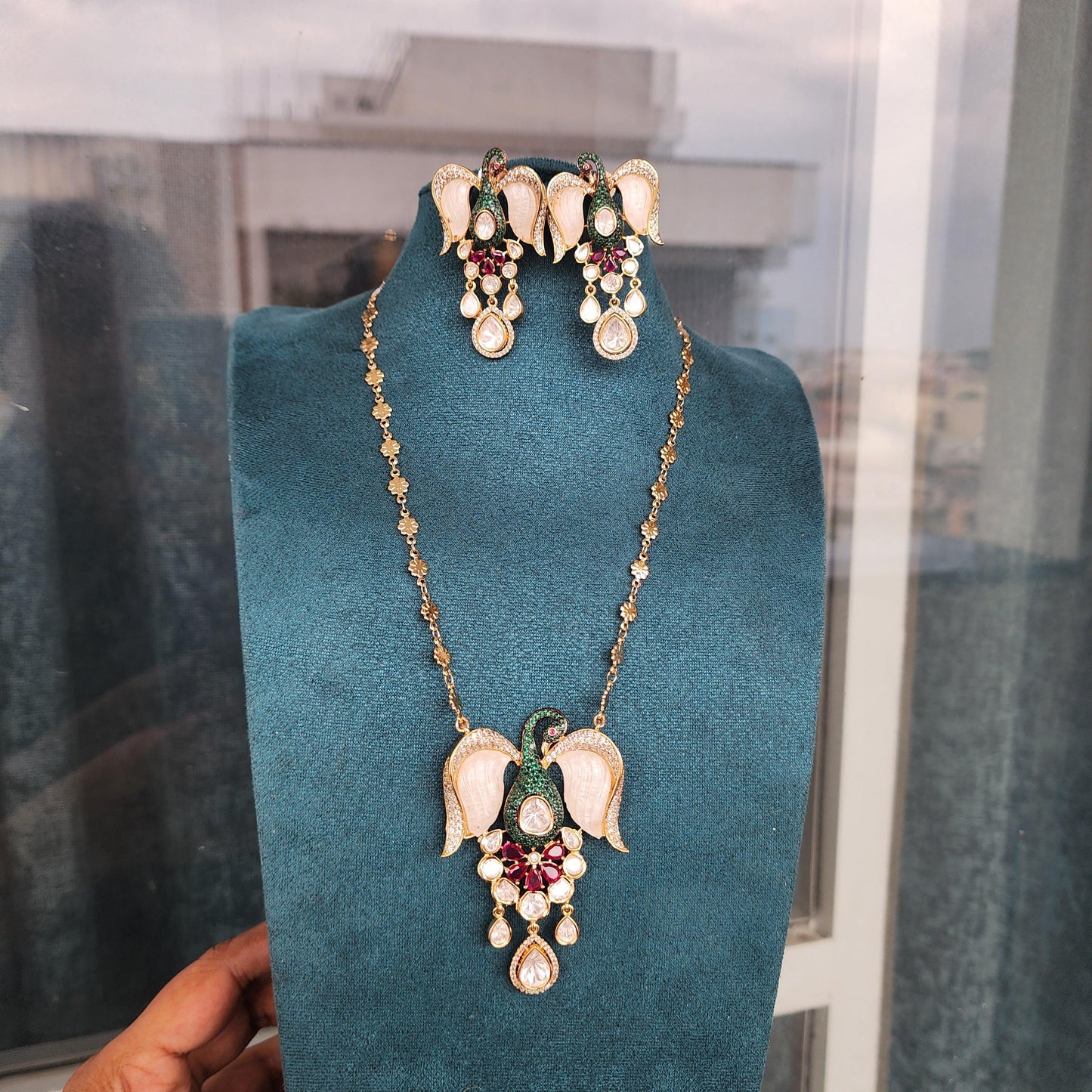 Peacock motif with mop and polki pendant chain set