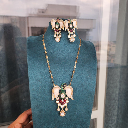 Peacock motif with mop and polki pendant chain set