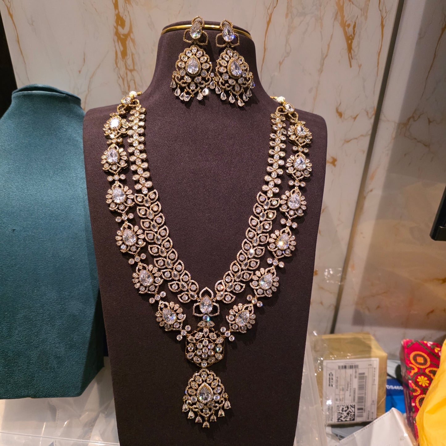 Rathi- victorian plated diamond lookalike long layered neckset
