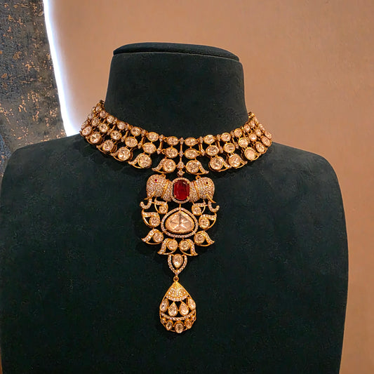 Elephant motifs with ruby doublet and moissanite polki neckset