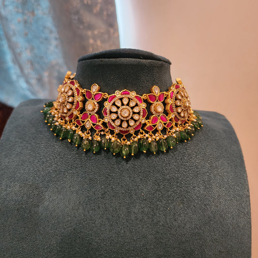 Floral motifs high neck choker with jadau and moissanites