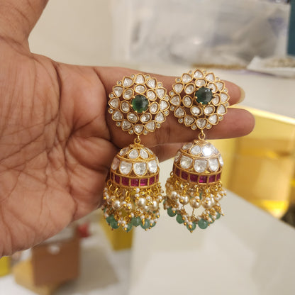 Moissanite and jadau stones with flower stud jumkha