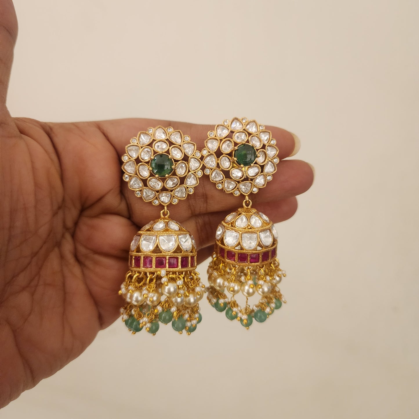 Moissanite and jadau stones with flower stud jumkha