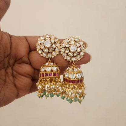 Moissanite and jadau stones with flower stud jumkha