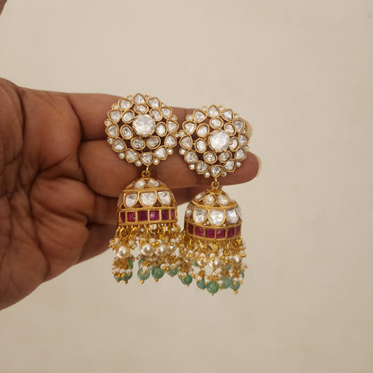 Moissanite and jadau stones with flower stud jumkha