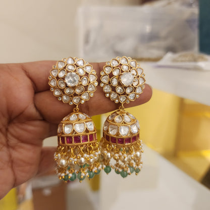 Moissanite and jadau stones with flower stud jumkha
