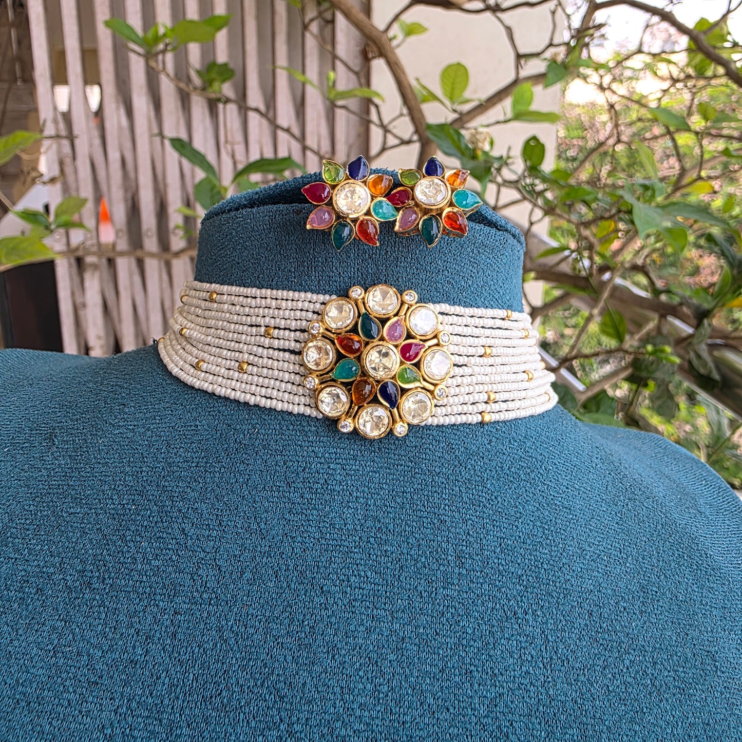 Navaranga-Multi color stone with polki and pearl choker