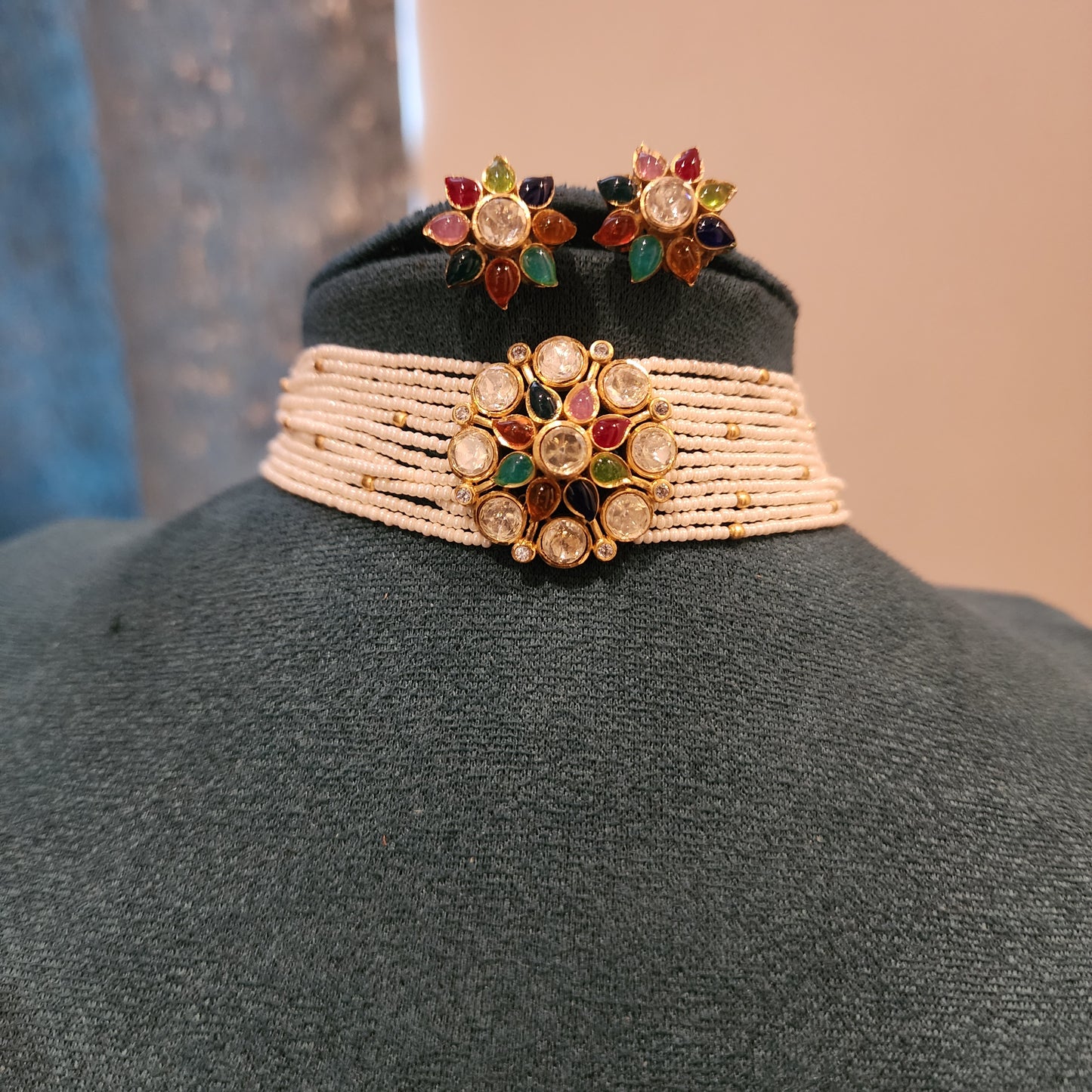 Navaranga-Multi color stone with polki and pearl choker