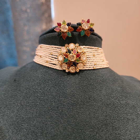 Navaranga-Multi color stone with polki and pearl choker