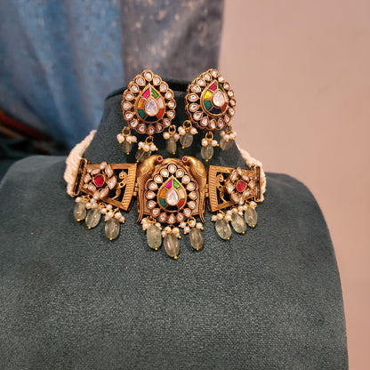 Kirah- jadau kundan motifs pearl choker with earrings