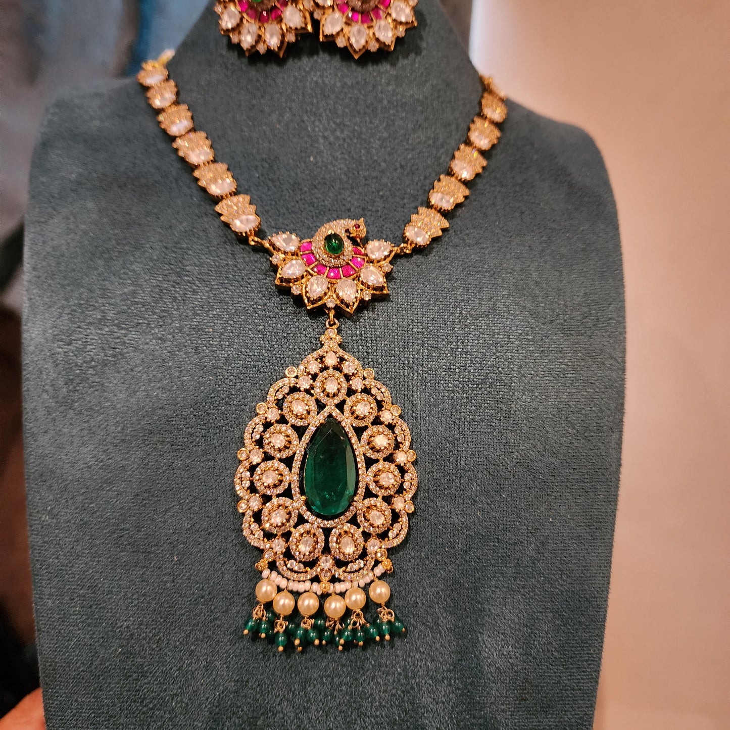 Tripthi- moissanite and doublet jadau neckset