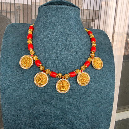 Coral beads and lakshmi coin necklace