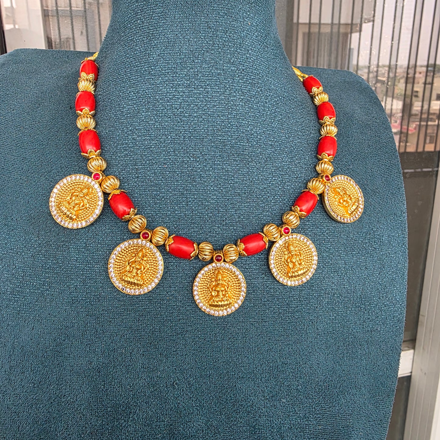 Coral beads and lakshmi coin necklace