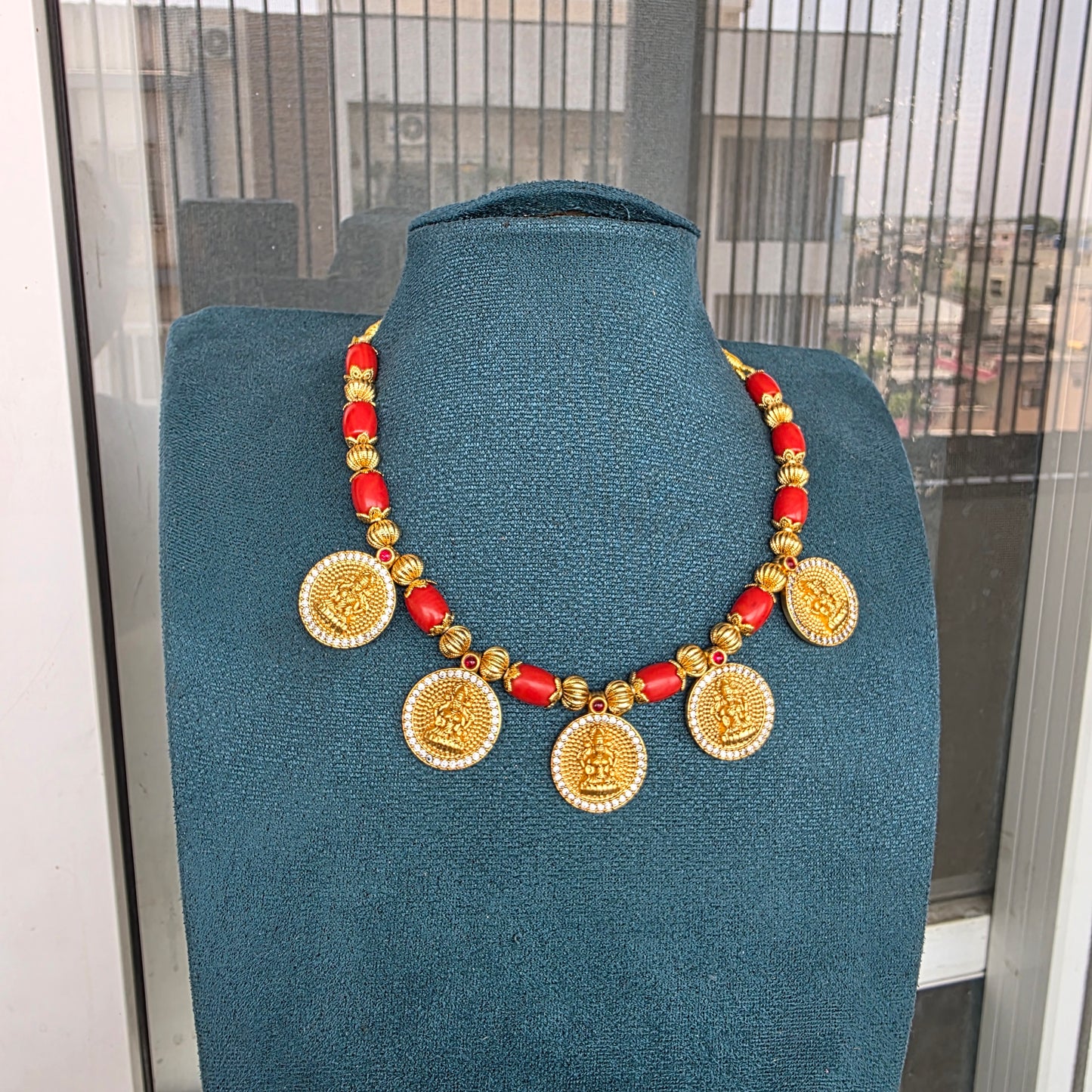 Coral beads and lakshmi coin necklace