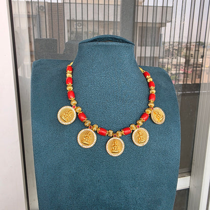 Coral beads and lakshmi coin necklace