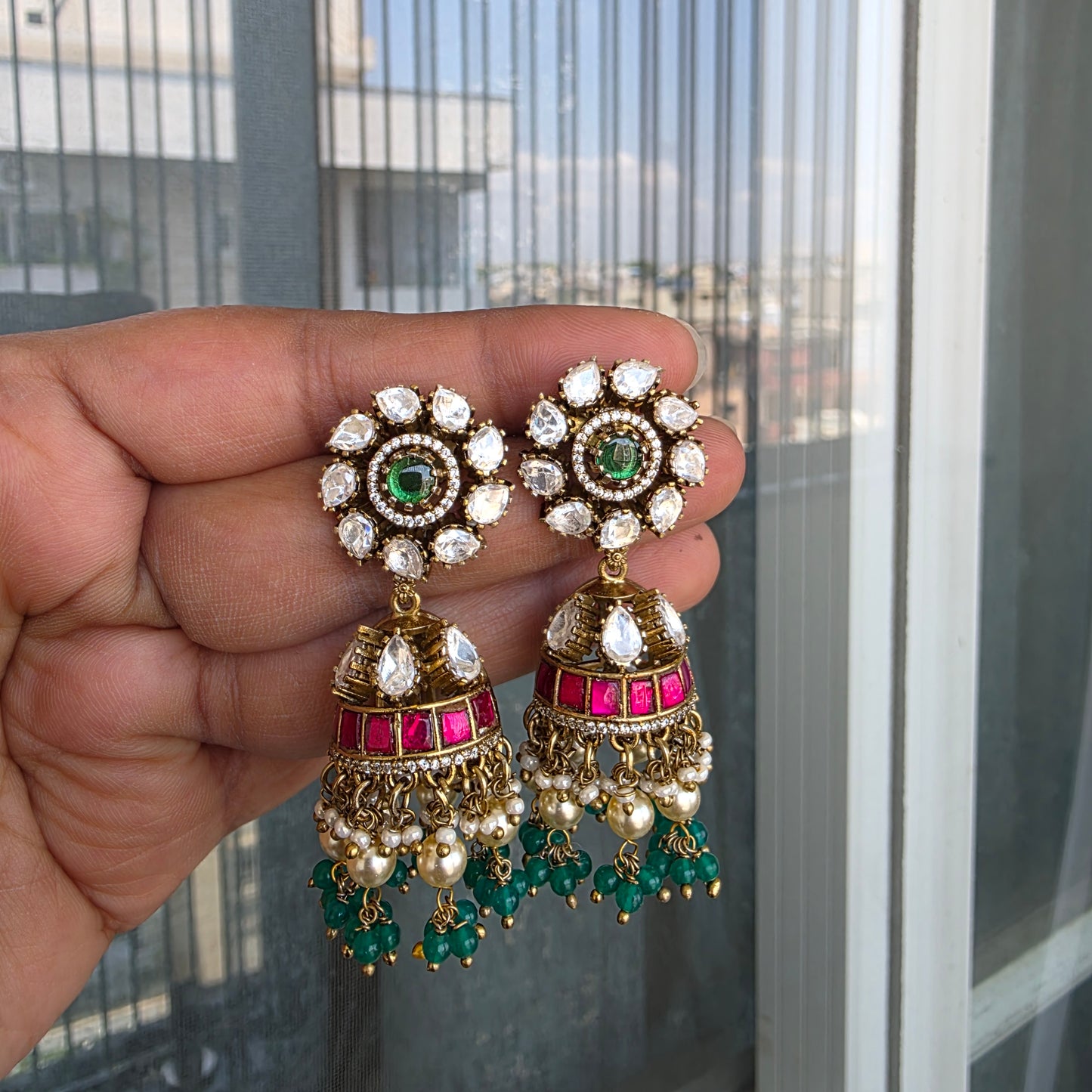 Suma- victorian plated jadau and moissanite jumkha