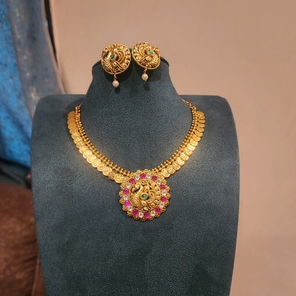 Mayurasri- tiny lakshmi kasu neckline with peacock jadu pendant set