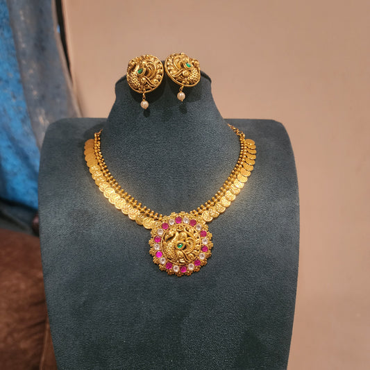 Mayurasri- tiny lakshmi kasu neckline with peacock jadu pendant set