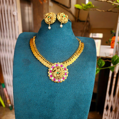 Mayurasri- tiny lakshmi kasu neckline with peacock jadu pendant set