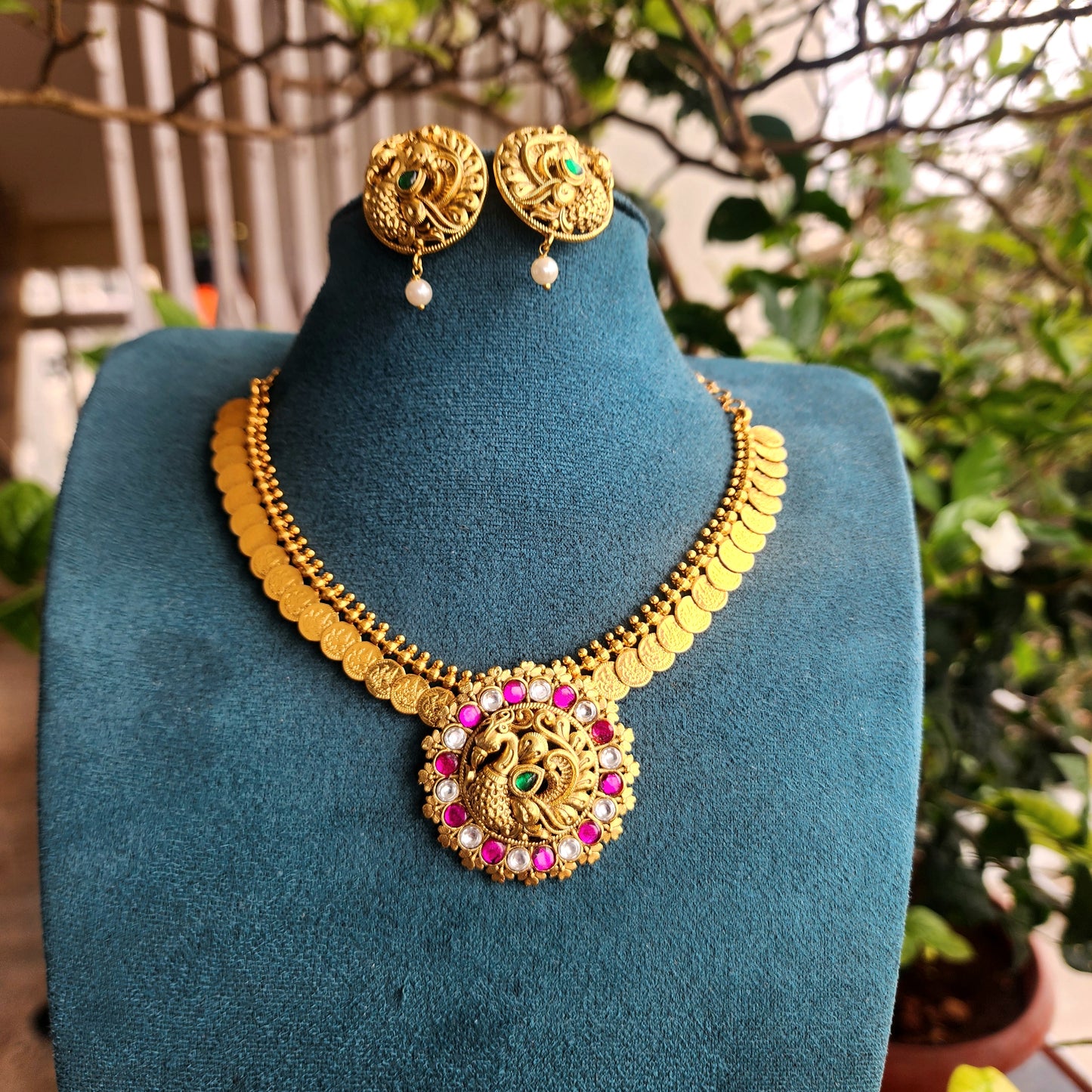 Mayurasri- tiny lakshmi kasu neckline with peacock jadu pendant set