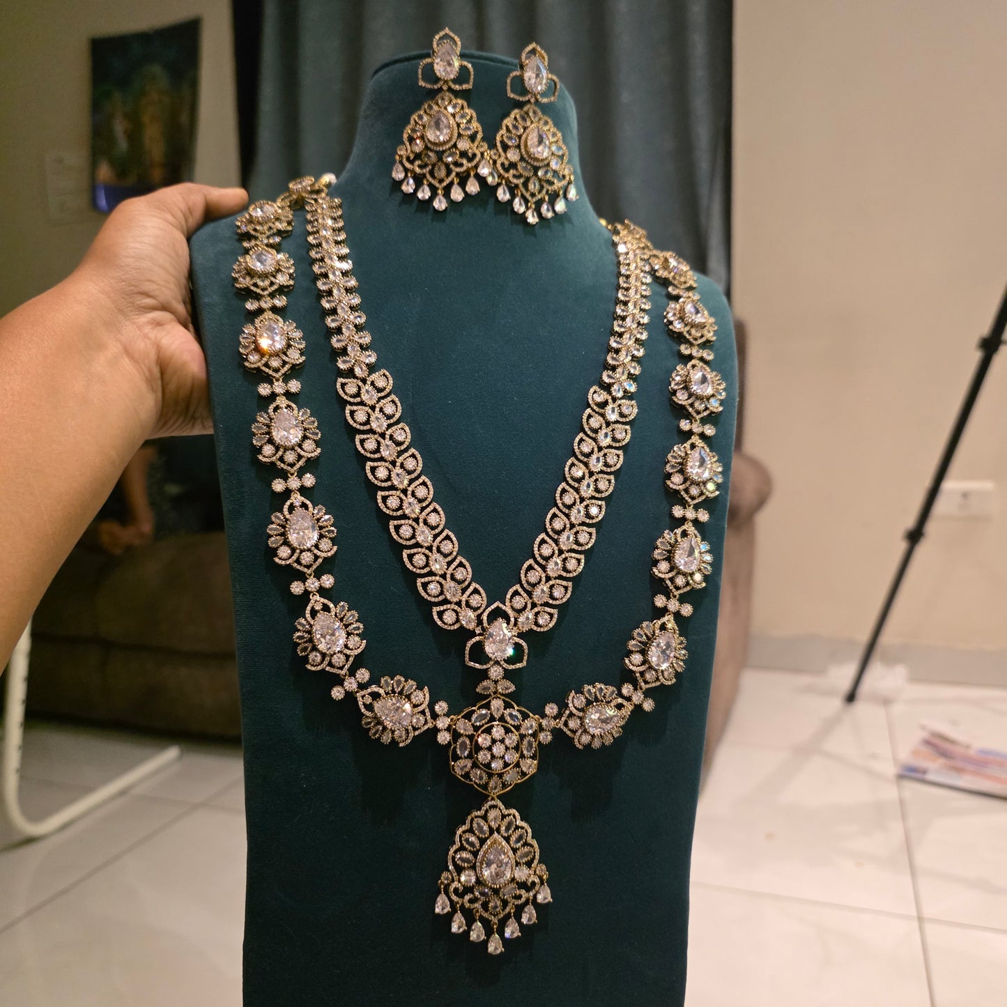 Rathi- victorian plated diamond lookalike long layered neckset