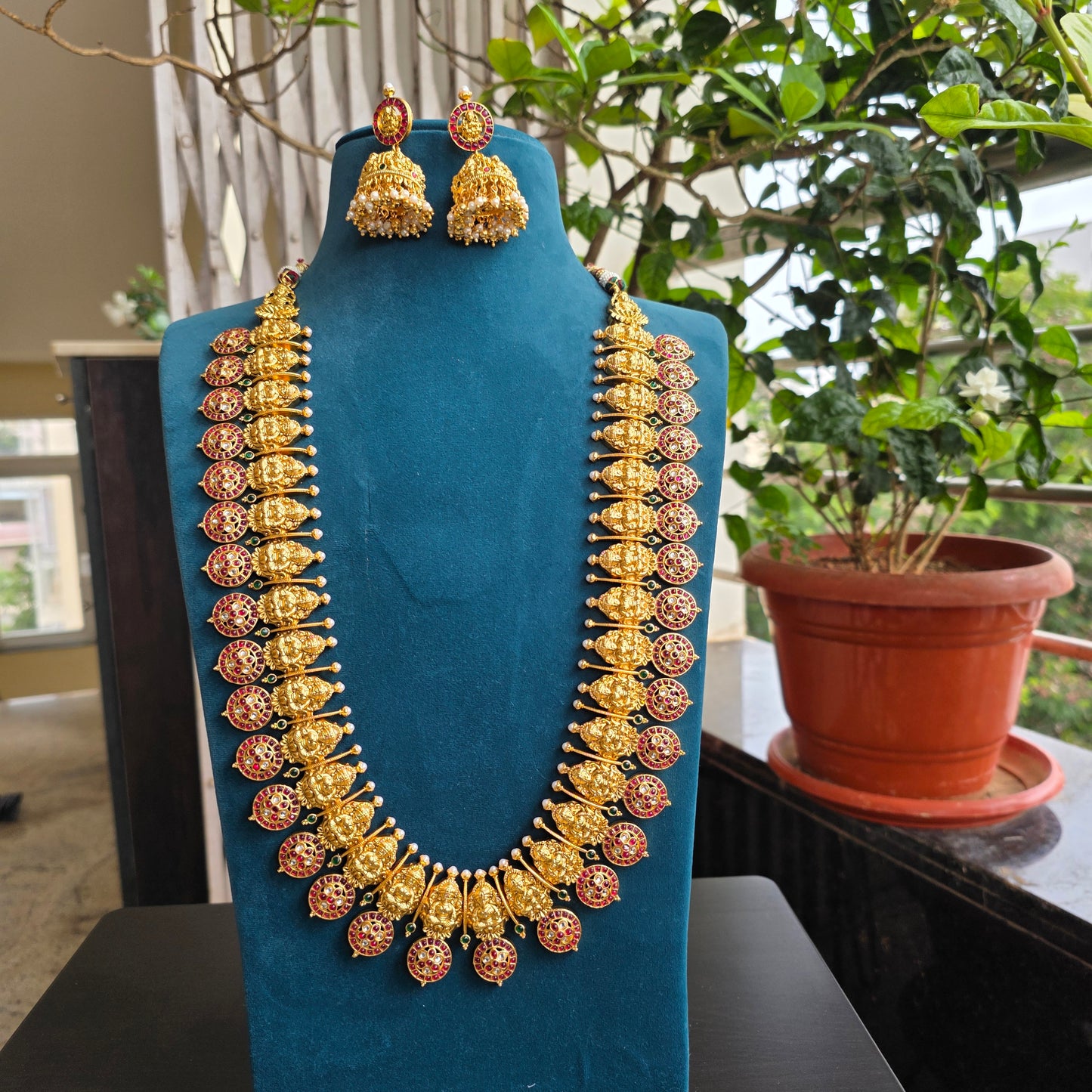 Kamakshi - long lakshmi motifs bottu haram with kemp stones