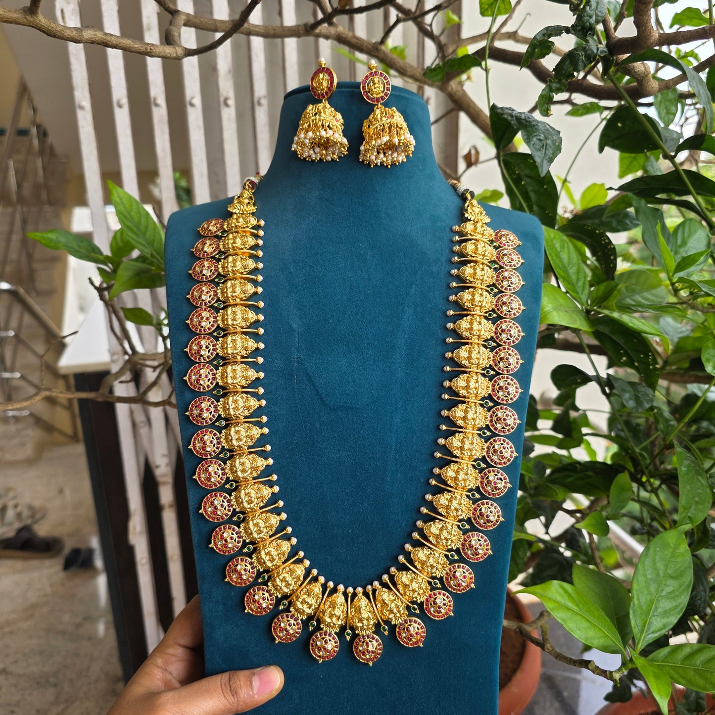 Kamakshi - long lakshmi motifs bottu haram with kemp stones