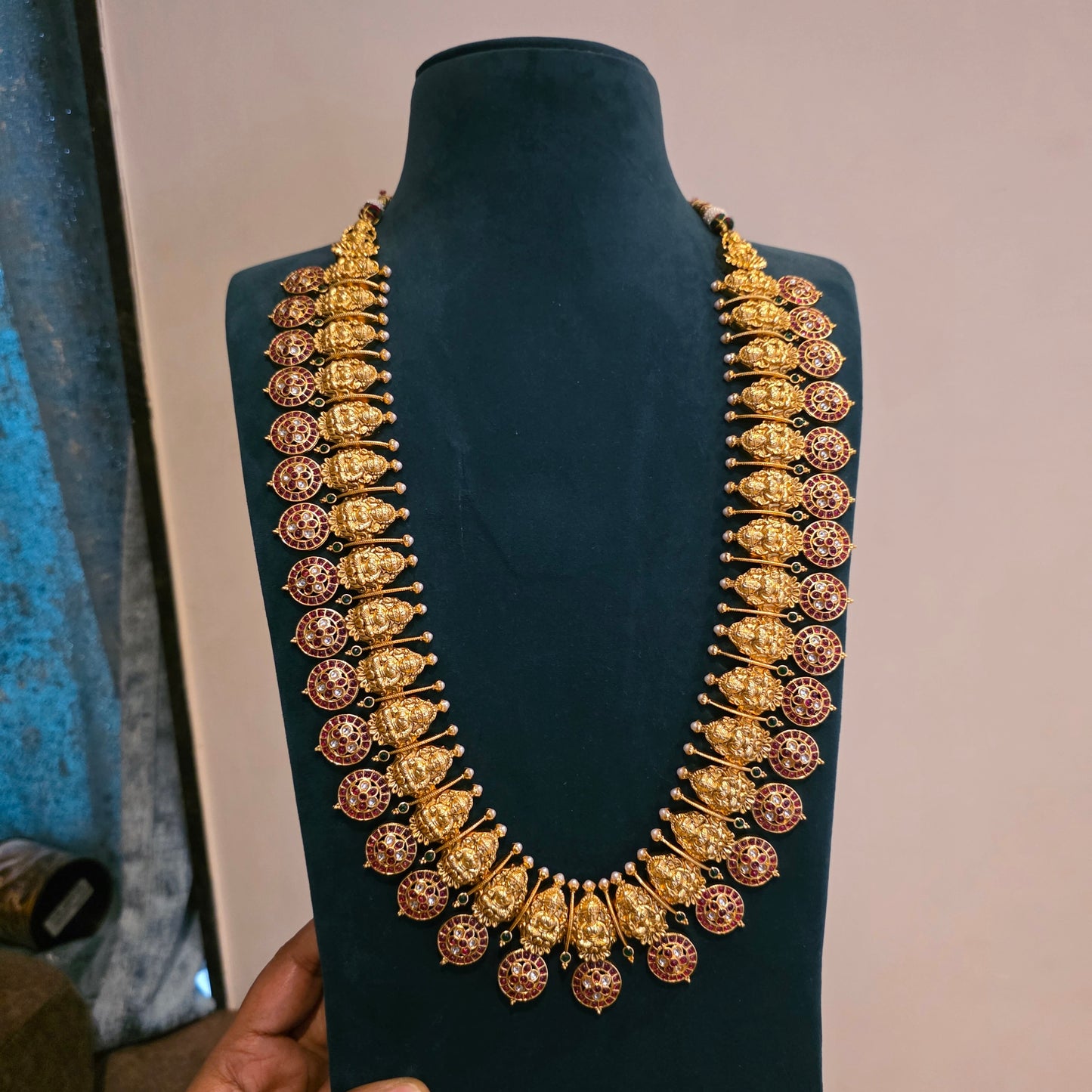 Kamakshi - long lakshmi motifs bottu haram with kemp stones