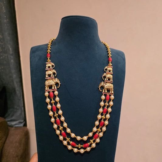 Ambuja- coral and pearl elephant motifs mala